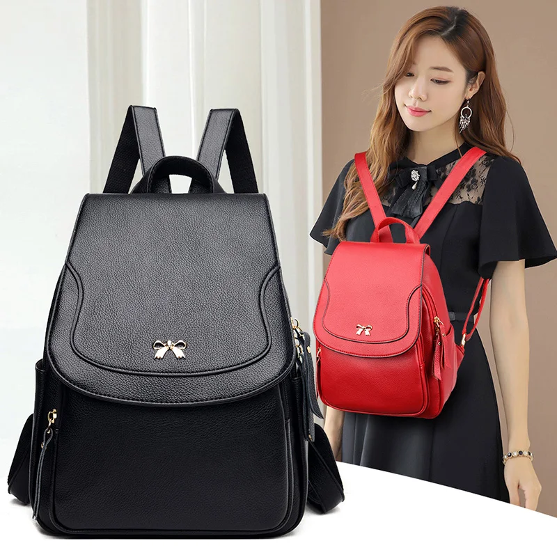

Preppy Style PU Leather Small Bowknot Decoration Women Backpack Solid Color Large Capacity Portable Shoulder Bag Flap Back Bag