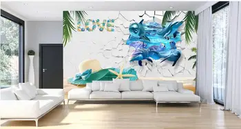 

custom any size mural wallpaper 3d Dolphins breaking the wall on the beach home decor photo Wallpaper in the living room
