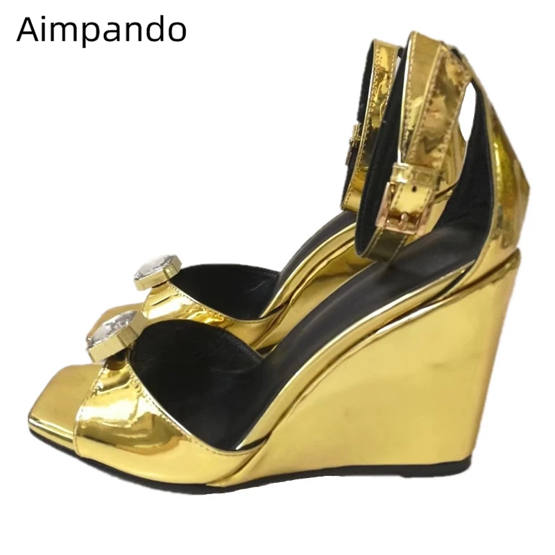 

Genuine Leather Gold Color Gladiator Sandals Women Square Toe Open Toes Cover Heel Ankle Strap Rhinestone Summer Shoes Woman