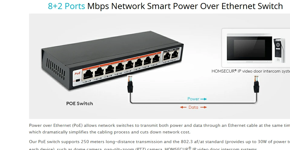 10 портов 100M PoE+ коммутатор 8 портов PoE+(Plus) 802.3af/at 30W 2 Uplink Ethernet