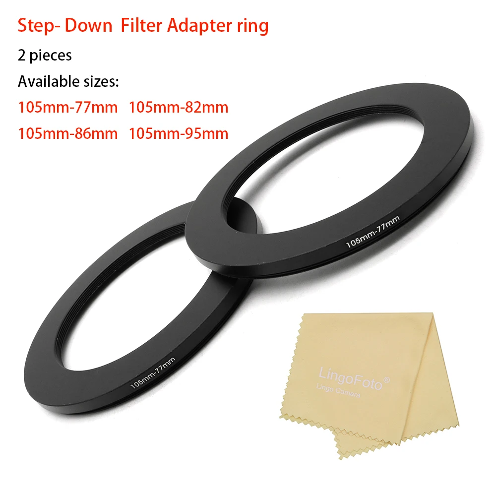 

2-pieces Step Down Ring Filter Adapter Ring with a Lens Cleaning Cloth , 105mm-77mm , 105mm-82mm , 105mm-86mm , 105mm-95mm