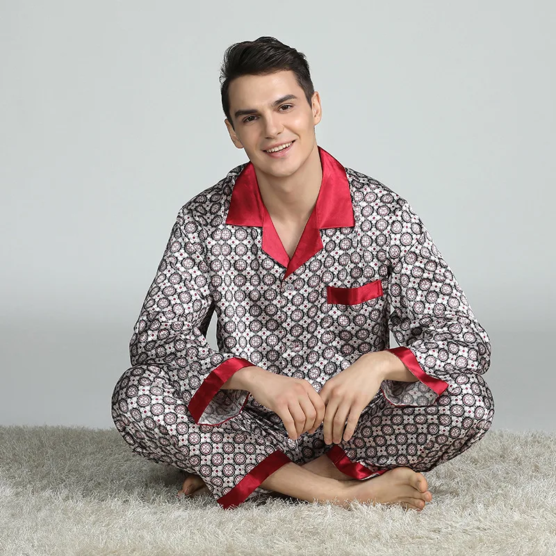 Mens Stain Silk Pajama Set Pajamas Men Sleepwear V-collar Cozy Soft Long Sleeve Nightgown Tops + Trousers Two Pieces Home Male Mens Stain Silk Pajama Set Pajamas Men Sleepwear V-collar Cozy Soft Long Sleeve Nightgown Tops + Trousers Two Pieces Home Male