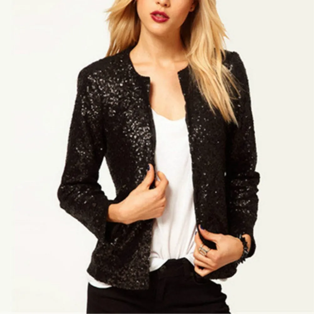 Great Value Fall Korean Women Sequined Blazer Coat Solid O-Neck Plus Size Slim Coat Office Long Sleeve Short Blazer