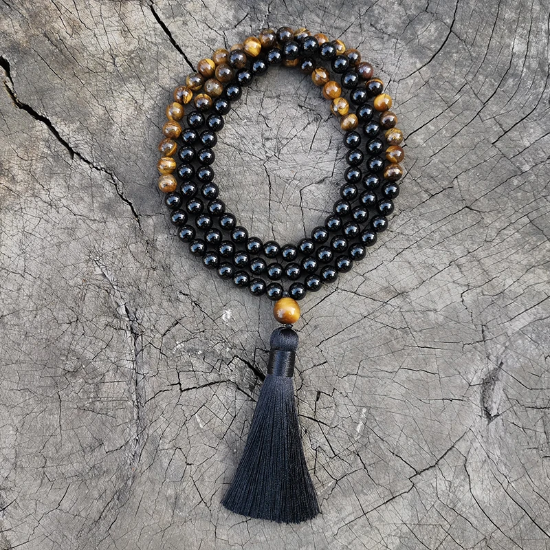 8mm Tigers Eye,Black Onyx Japa Mala Set,Protective,Meditation Mala,Namaste Yoga Jewelry,Buddhist Mala Prayer Bead,108 Beads