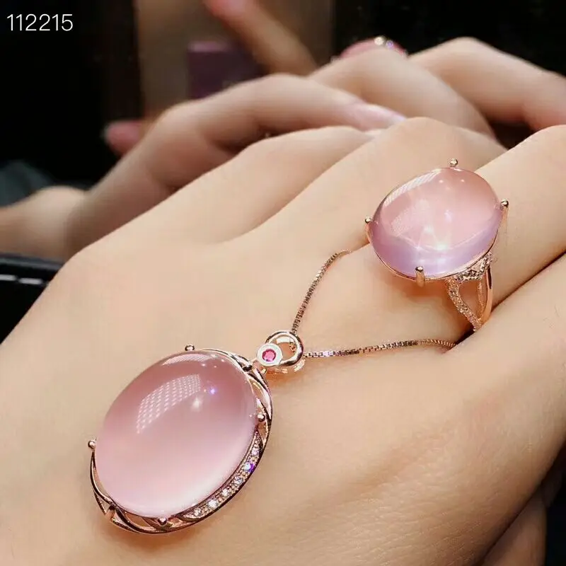 

MeiBaPJ Natural High Quality Pink Big Rose Quartz Gemstone Fine Jewelry Set 925 Pure Silver Necklace and Ring Suit for Women