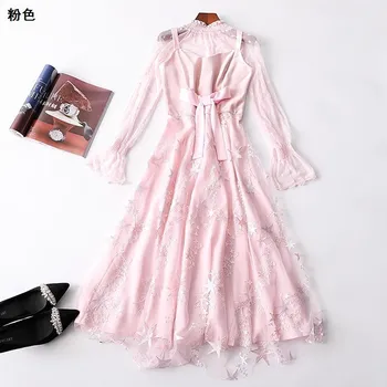

New 117476 women s summer collar zipper long sleeves and long woolly embroidered jacket 2 dress suit