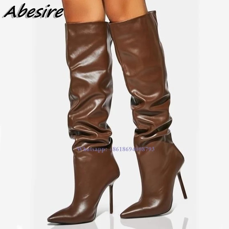 

New Long Knee High Pleated Brown Boots Slip On Solid Stilettos Thin High Heel Women Boots Pointed Toe Girl Shoes botas de mujer