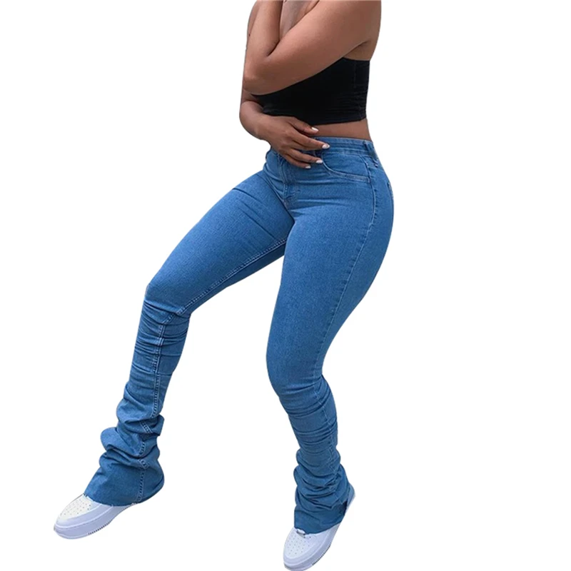 

Sexy Women's Jeans Casual High Waist Tight All-match Pants Flared Trousers Solid Color Ladies Pants Street Pleated Pants