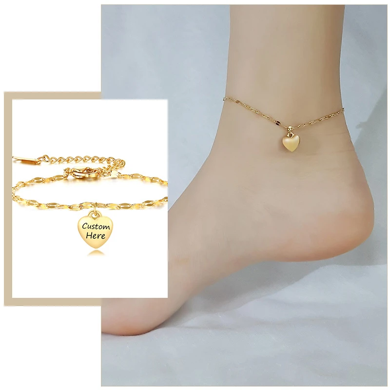 

Free Custom Engrave Heart Charm Anklets for Women Stainless Steel Link Chain Casual Holiday Beach Wear Gifts for Her Jewelry
