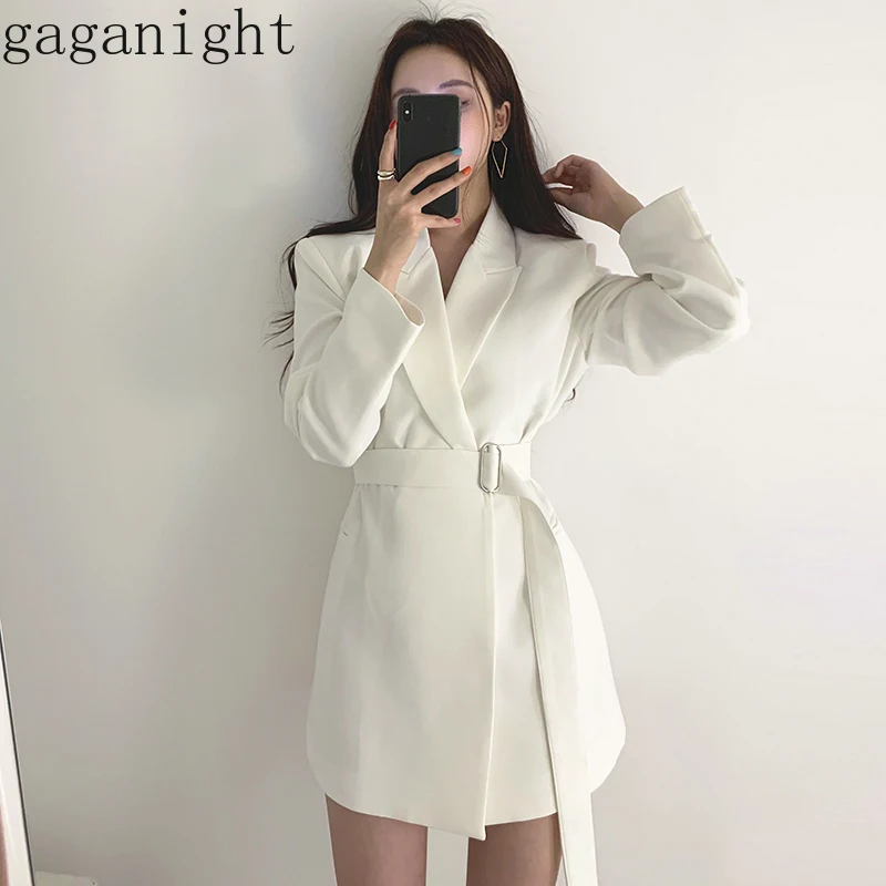 Gaganight однотонный элегантный офисный Женский блейзер с длинным рукавом зубчатый шик Женское пальто весна осень черный белый пальто женское с поясом
