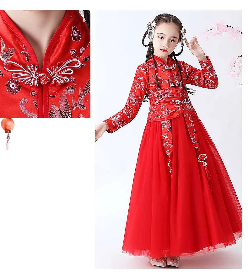Детское Новогоднее красное платье Hanfu для девочек; платье принцессы с длинными рукавами в китайском стиле ретро; детское платье Ципао с цветочной вышивкой