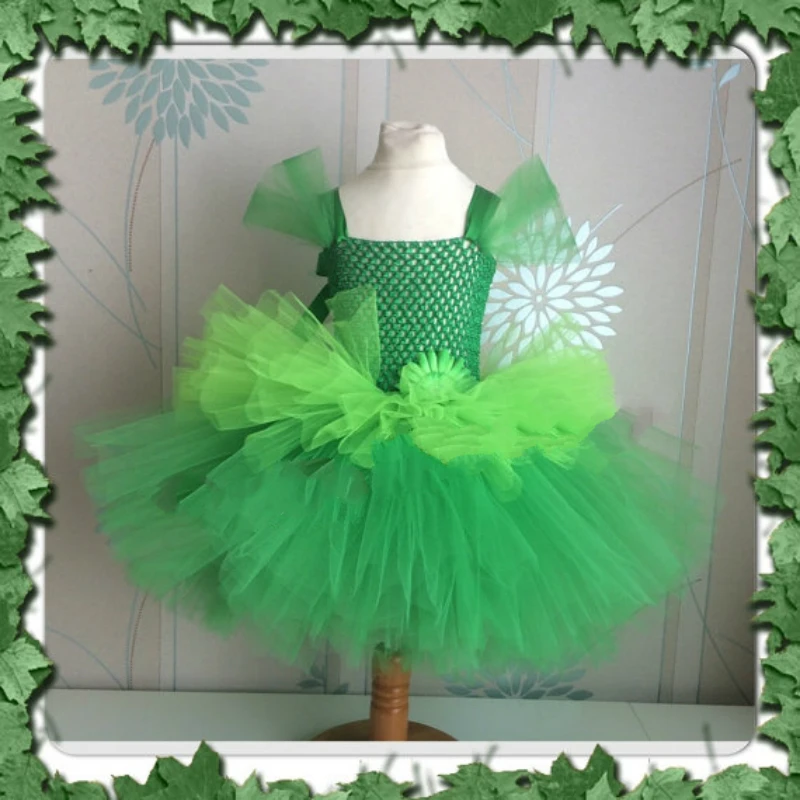 Girls Green Cake Tutu Dress Kids Crochet Fluffy Tulle Dress Ball Gown with Daisy Flower Children Birthday Party Costume Dresses