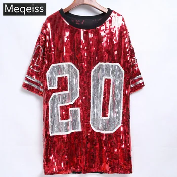 

Sequins Medium-long Tee Shirts 2019 New digital Short Sleeve T Shirt O-neck Women t shirt Fashion Blingbling TShirts wholesale