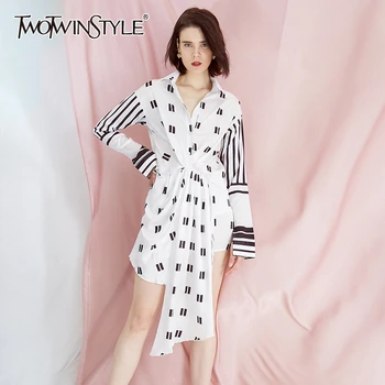 

TWOTWINSTYLE Asymmetrical Print Dresses For Female Lapel Collar Long Sleeve High Waist Tunic Irregular Dress Womens Fashion Tide
