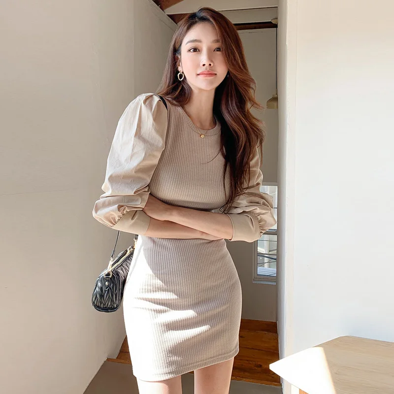 

Patchwork Bodycon Package Hip Party Dress Women Autumn Winter Knitted Slim Elegant Office Ladies Elastic Evening Dress Vestidos