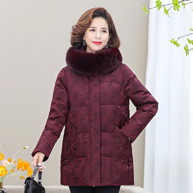 

Middle Aged Fox Fur Hooded Winter Down Coat Women White Duck Down Jacket Thick Warm Parkas Female Outerwear