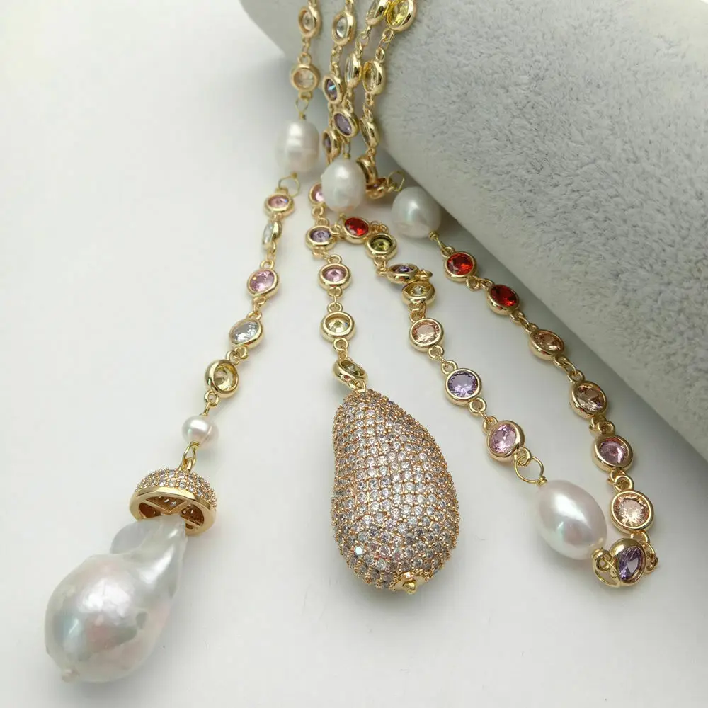 49" White Keshi Pearl multi color Cz Pave Chain Long Necklace