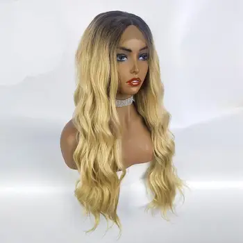 

DLME Blonde Synthetic Lace Front Wigs with Black Root Long Ombre Blonde Wavy Wig For Black Women Heat Resistant Hair