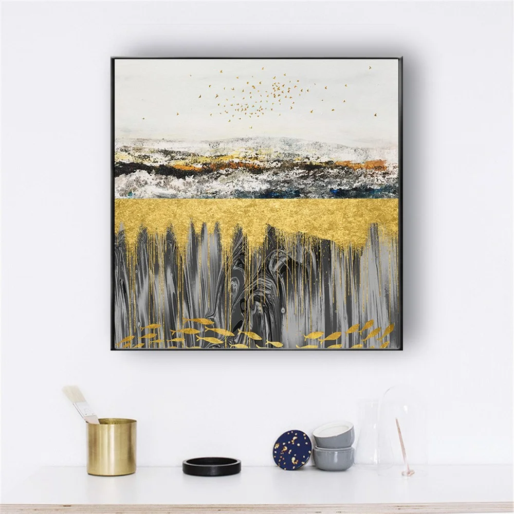 

100% Hand-Painted Abstract Grey Oil Painting On Canvas Beautiful Gold Colors Wall Art Picture High Quality Poster For Home Decor