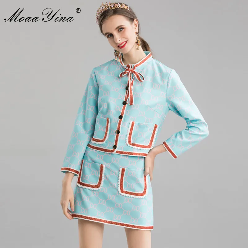 

MoaaYina Fashion Designer Set Spring Women Long sleeve letter Tops+Short skirt Elegant Two-piece set