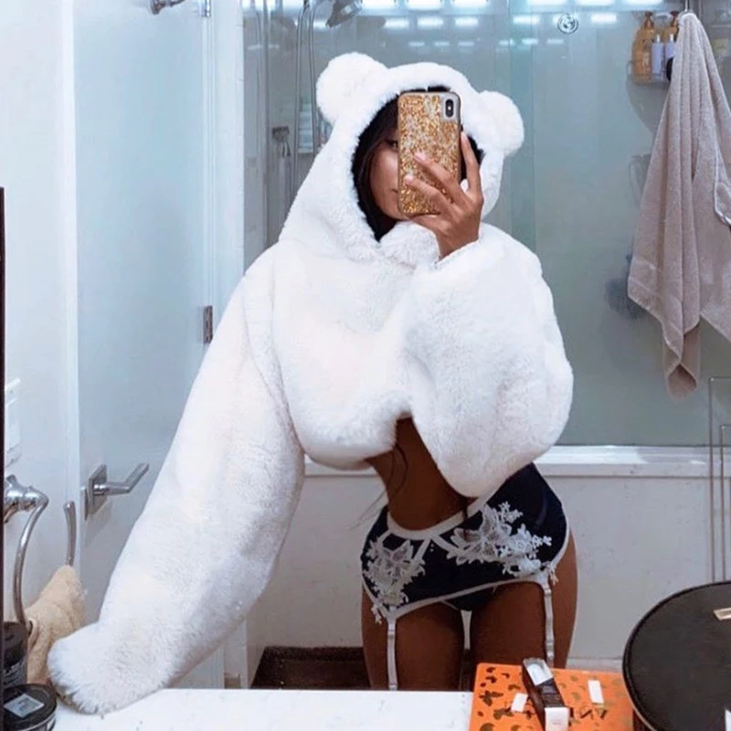 Skup Darlingaga moda Faux futro zimowe bluzy kobiety Teddy Fuzzy sweter jednokolorowy ciepły śliczne Crop bluza z kapturem królik bluza ubrania