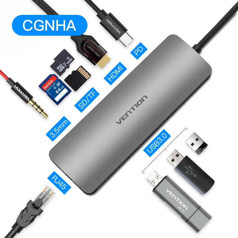 VEnTIO usb-хаб все в одном USB-C к HDMI VGA кард-ридер RJ45 PD адаптер для MacBook samsung Galaxy S8 mate 10 type C концентратор USB 3,0 - Цвет: CGNHA 9 in 1