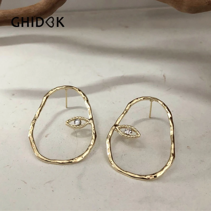 

GHIDBK Minimalist Abstract Human Face Rhinestone Stud Earring Big Simple One Eye Wire Statement Earring Studs Unique Dainty Stud
