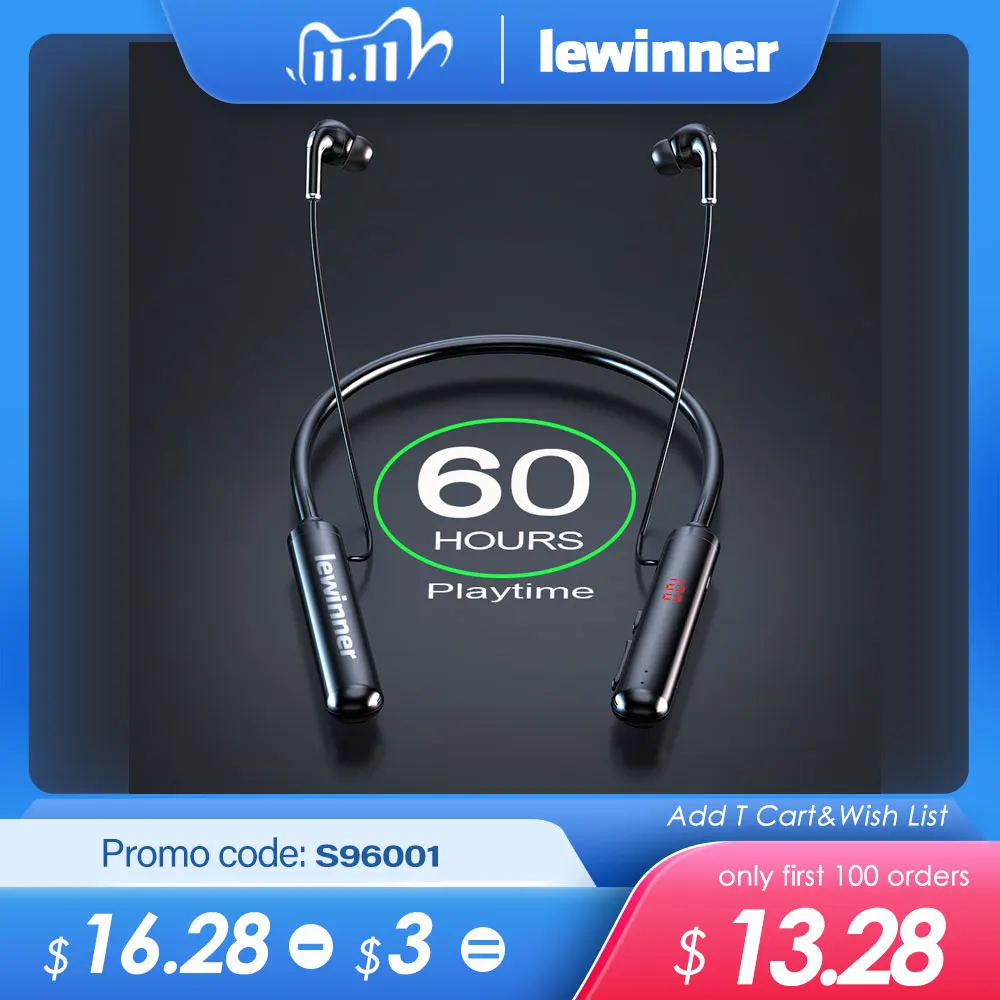 

Lewinner 60Hours Endurance Bluetooth Headphones Stereo Bass Wireless Headphone Neckband Power LED Display Headset TF Card Magnet