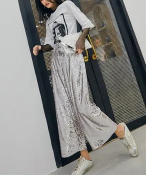 

Women Elastic Waist Loose Long Sequins Pants Metal Color Casual Wide Leg Pants