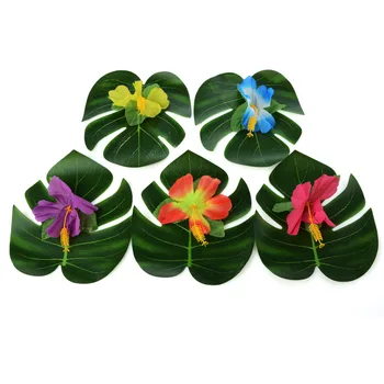 

54Pcs Party Decoration Supplies Tropical Palm Leaves Hibiscus Flowers Simulation Leaf for Hawaiian Jungle Beach Party DIY Decor
