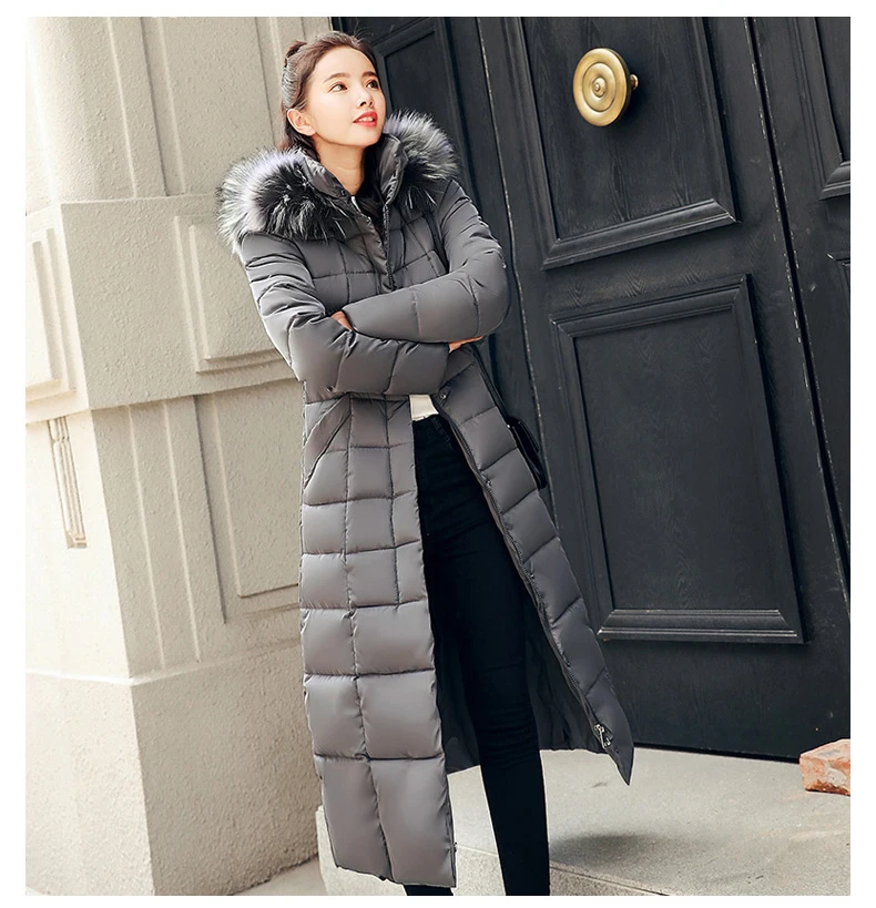 25 градусов зимняя модная женская теплая куртка X-long parkas тонкий с поясом толстый меховой воротник с капюшоном Женская парка куртка из синтепона - Цвет: grey