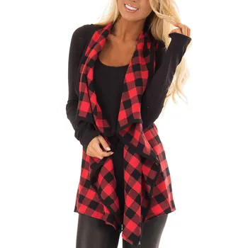 

Gofuly Women Casual Red Square Print Sleeveless Lapel Open Front Plaid Vest Cardigan Tunic Coat Pockets Vests Dropshipping