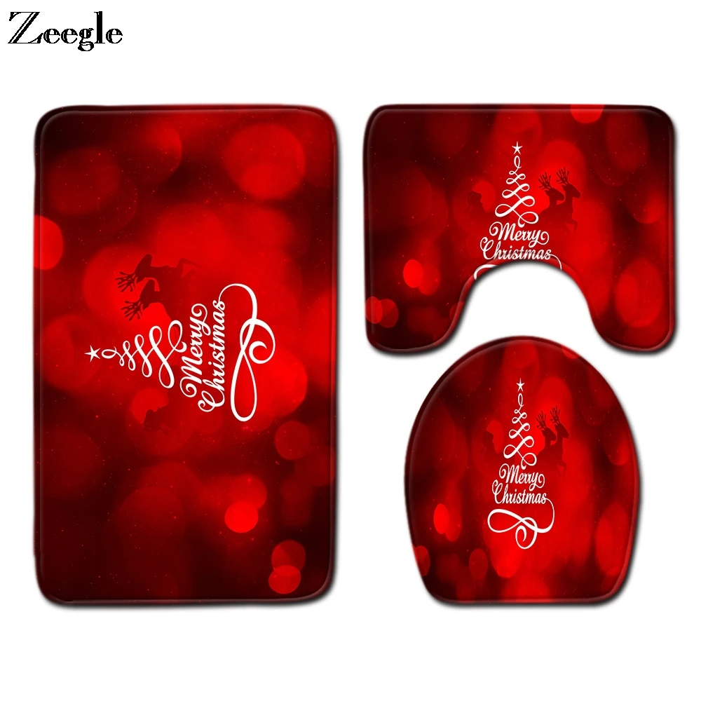 Zeegle Christmas 3pcs Bath Mat Set Toilet Pedestal Rug Anti Slip Bathroom Doormat Absorbent Foot Mat Washable Flannel Toilet Set