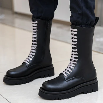 

Motorcycle Boots 2020 Mid-Calf Boots Zipper Platform Boots Lace-Up Rubber Boots for Women Non-slip Elastic Leather Black Shoes