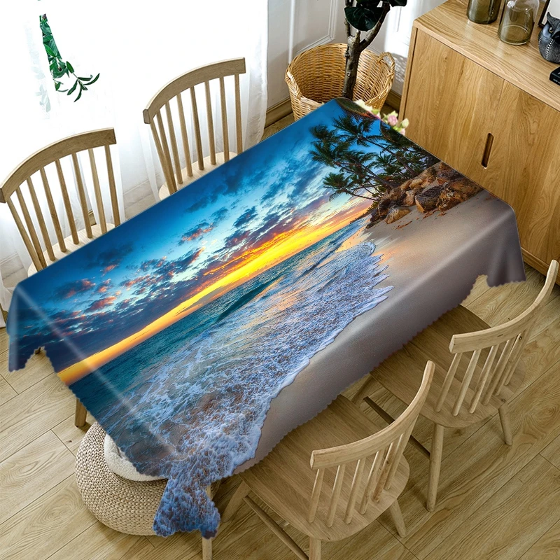 

3D Beach Waves Pattern Coconut Tree Tablecloth Dustproof Thicken Cotton Rectangular/Round Table Cloth for Wedding Picnic Party