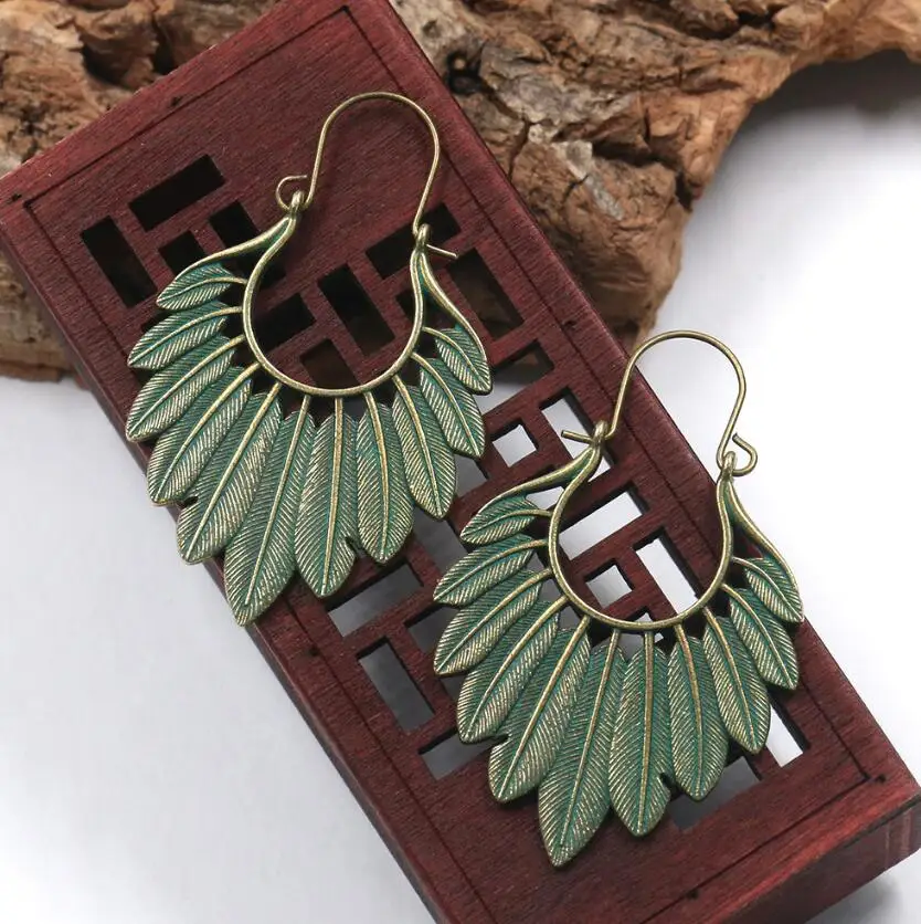 

Ethnic Tribal Hippy Verdigris Patina Multi Leaf Feather Hoop Earring Antique Copper/Bronze Bohemian Statement Women Jewelry