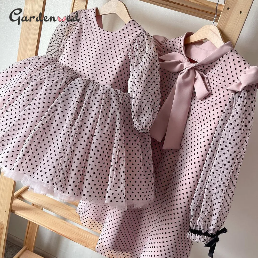 

First Communion Dresses Back Pink Bow Knot Flower Cute Girl Dresses Polka Dot Top Kids Baptism Ball Gown Dresses New Year 2021