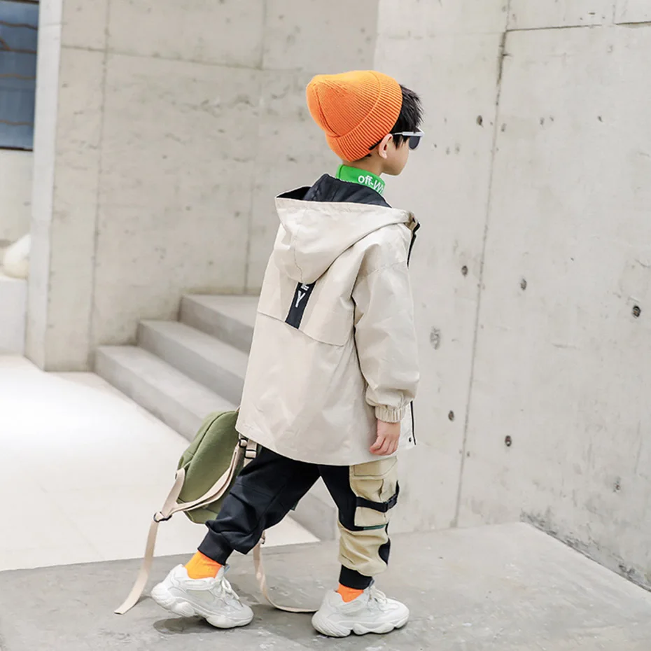Children's Jacket Letter Print Windbreaker For Boy Long Sleeve Kids Trench Coat Spring Autumn Casual Clothes For Boys Streetwear