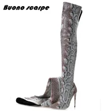 Buonoscarpe/; сапоги со змеиным принтом; модные сапоги выше колена на высоком каблуке; женская обувь с острым носком на шпильке; пикантные сапоги под змеиную кожу