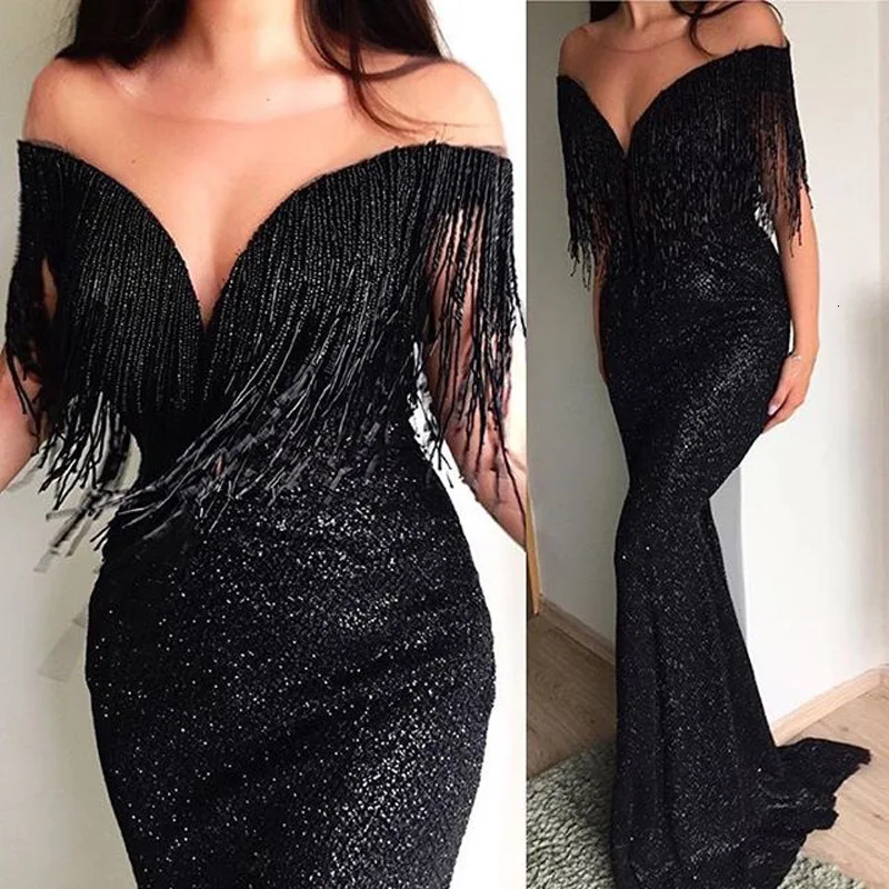 

Sexy Black Evening Dress V-Neck Off Shoulder Tassels Sequin Evening Gown Long Mermaid Party Prom Dress Robe De Soiree Longue