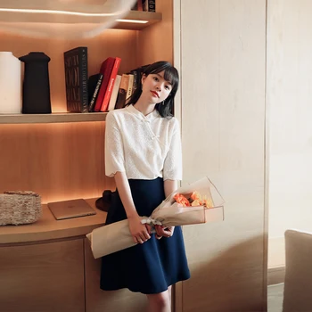

Women Blouse Chinese Style Micro-transparent Half Sleeve Cheongsam Top Female Shirt