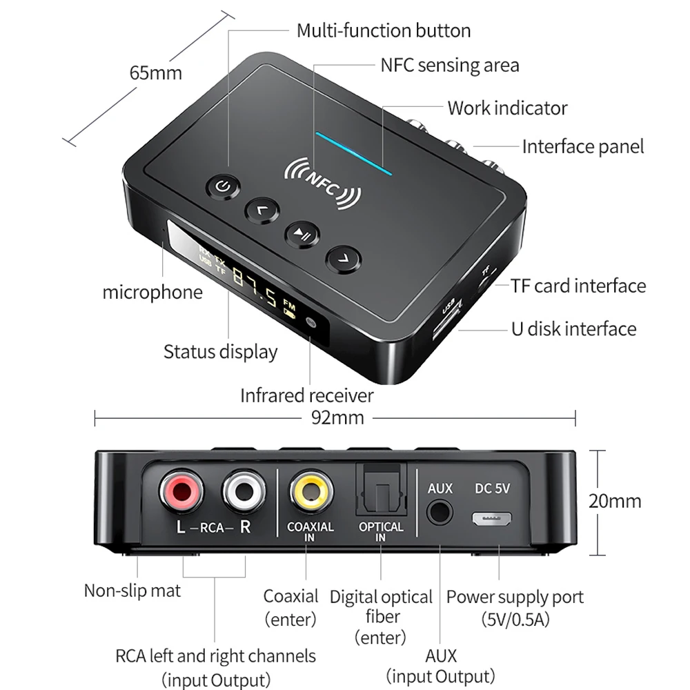NFC Bluetooth 5.0 Audio Adapter 3.5MM Aux RCA SPDIF Wireless FM Receiver Transmitter Support TF U Disk Play Remote Control