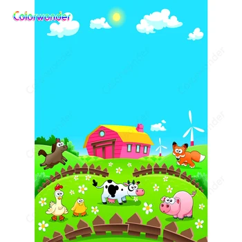 

Cartoon farm photography background blue sky pink house animals flowers and grass backdrop for kids happy birthday party backdro