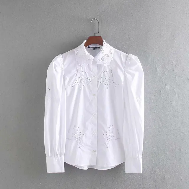 US $11.05 women lace crochet turn down collar casual white smock blouse shirts women hollow out embroidery bl