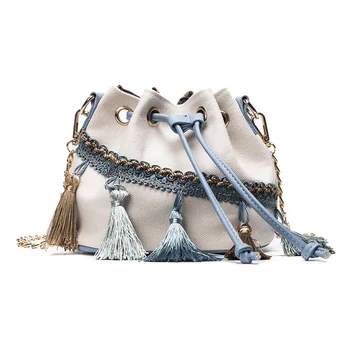 

QZUnique Women's Drawstring Bucket Handbag Canvas Shoulder Bag Tote Bag With Tassel