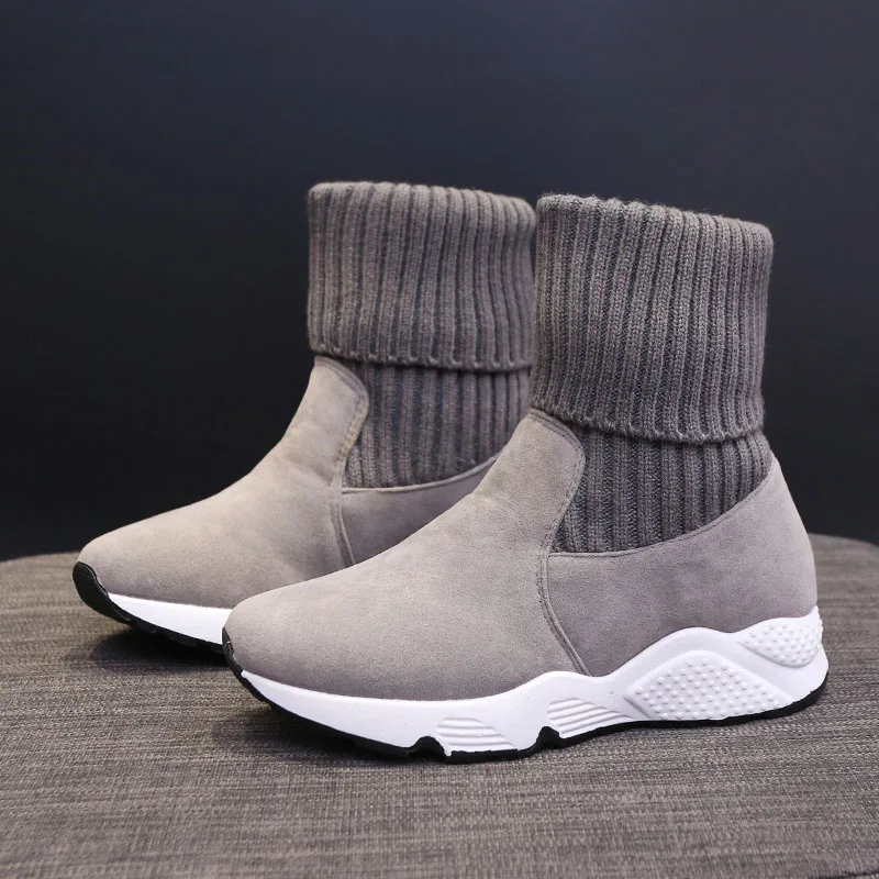 Fujin/женские ботинки с переворачивающимся краем; плюшевые теплые вязаные носки; растягивающиеся меховые ботиночки на платформе; зимние сапоги для женщин - Цвет: grey a