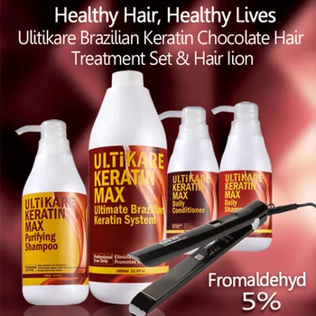 

5pcs/set Purifying Shampoo+1000ml Chocolates 8% S Brazilian Keratin+Daily Shampoo and Conditioner + Free Hair Flat Iron For Hair