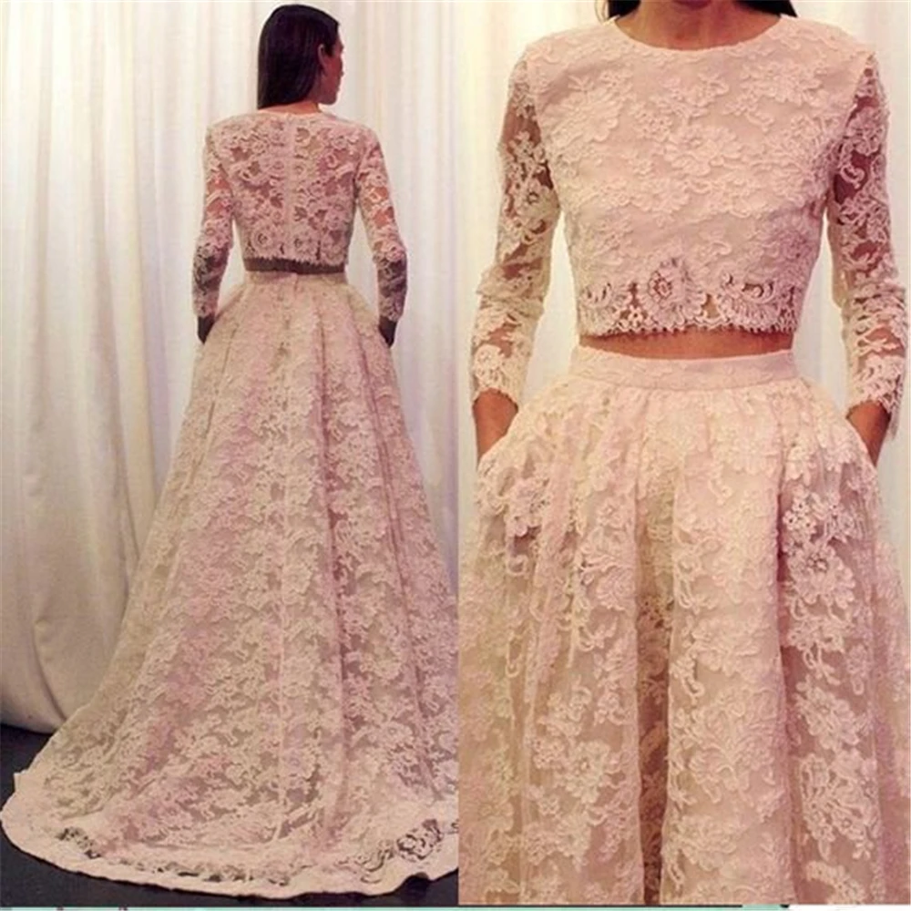 

Ivory Scoop Full Sleeves Lace Custom-Made Vintage A-line Perfect Handworks Wedding Dresses Natural Two Pieces Vestido de Bridal