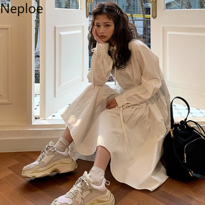 Tanie Neploe w koreańskim stylu szykowny kobiety sukienka lato 2020 Retro skręcić w dół kołnierz z długim rękawem Vestidos luźne sznurkiem sukienki w jednolitym kolorze 44572