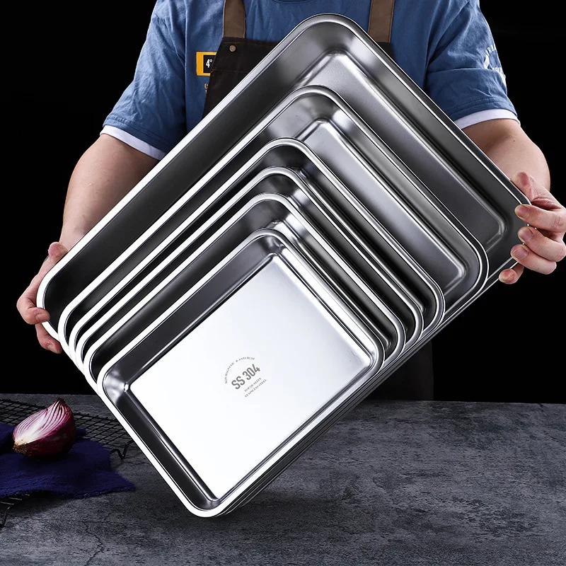 304 Thicked Stainless Steel Food Storage Tray Rectangle Oven Cake Bread Plate Flat Bottom Dishes Kitchen Tools 5